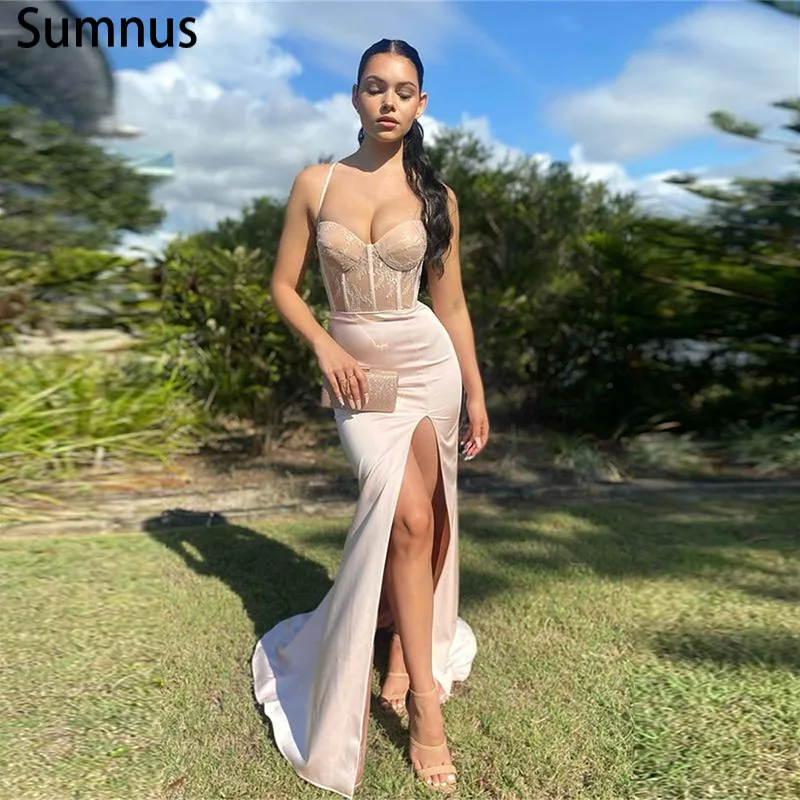 

Sumnus Sexy Mermaid Baby Pink Lace Prom Dresses 2022 Halter High Slit Stain Evening Dress Robe De Soirée De Mariag New Design
