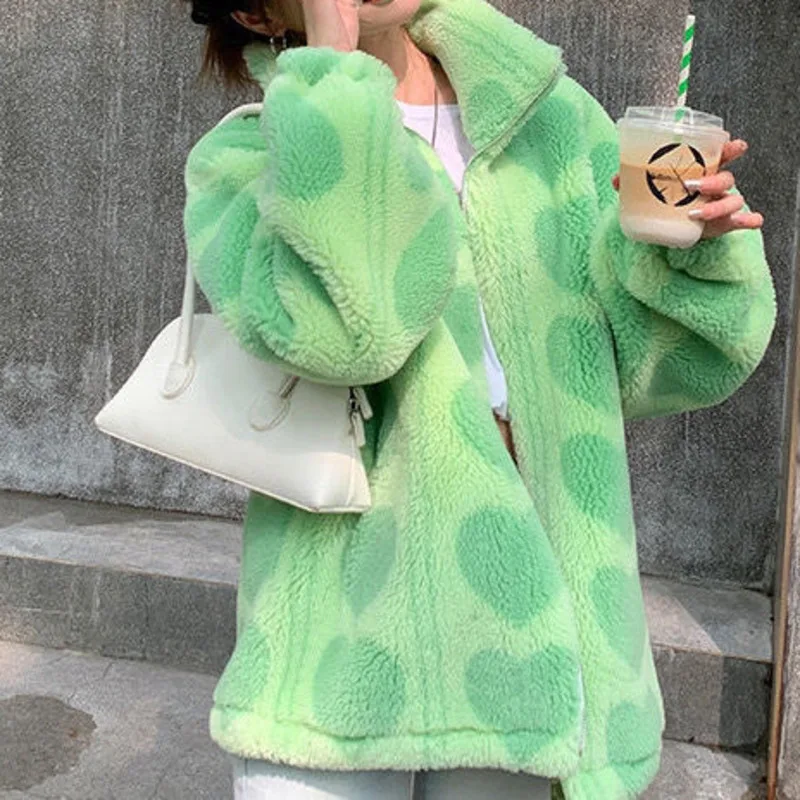 Pink Heart Teddy Faux Fur Jackets Women Outerwear Female Overcoat Winter Coats Japanese Korean Fashion Kawaii Lambswool Coats