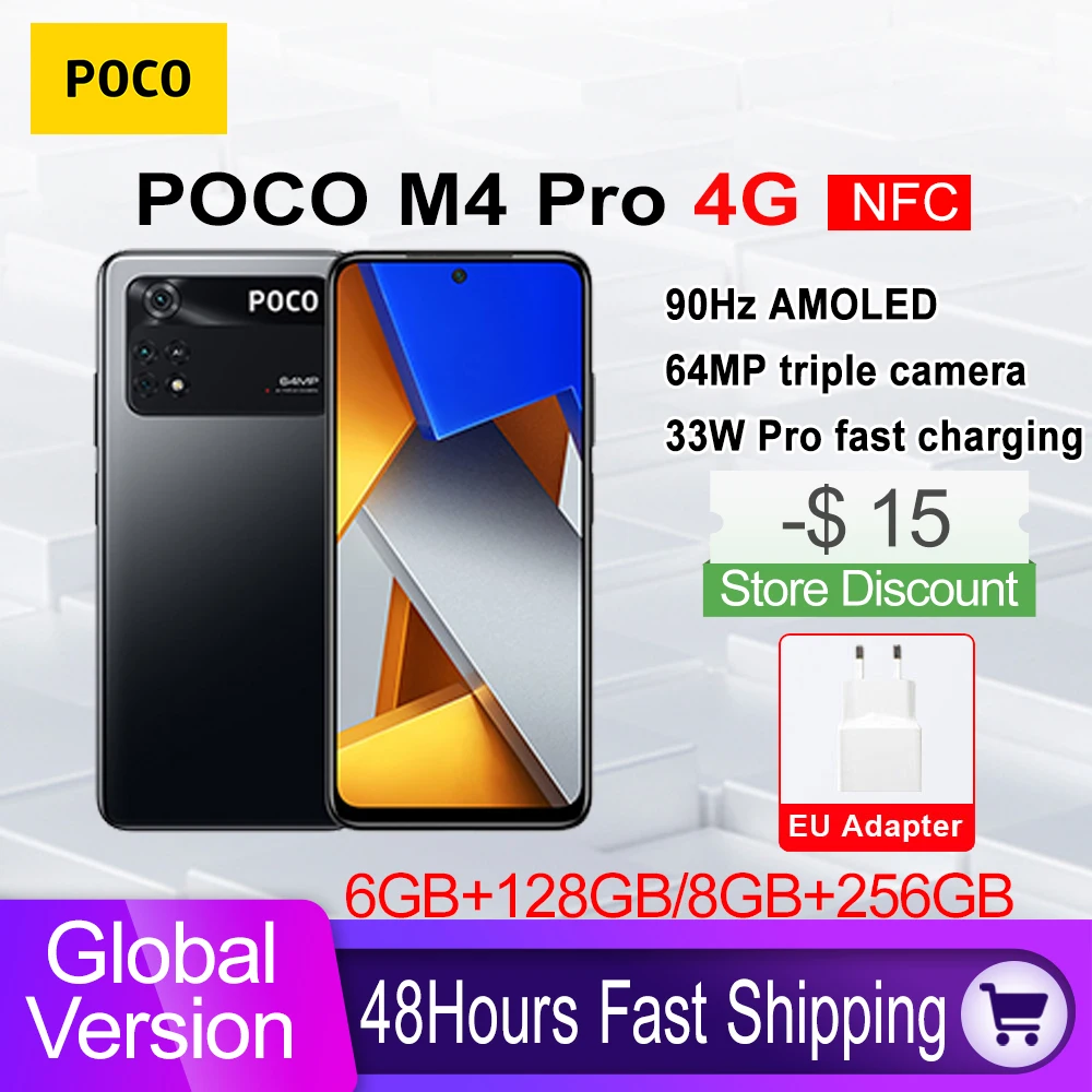 Global Version POCO M4 Pro 4G Smartphone 128GB/256GB Helio G96 Octa Core 90Hz AMOLED 33W Pro Fast Charging 64MP Camera NFC