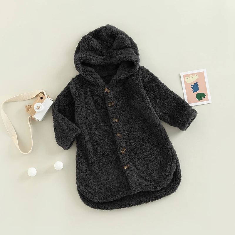 

Детская зимняя плюшевая толстовка, однотонная Повседневная куртка с капюшоном и длинным рукавом, на пуговицах, верхняя одежда для мальчико...