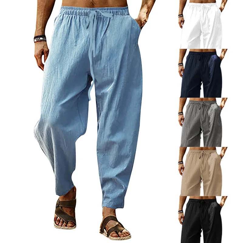 

Брюки мужские однотонные с эластичным поясом, дышащие свободные повседневные штаны со шнуровкой, с широкими штанинами, из хлопка и льна, лето
