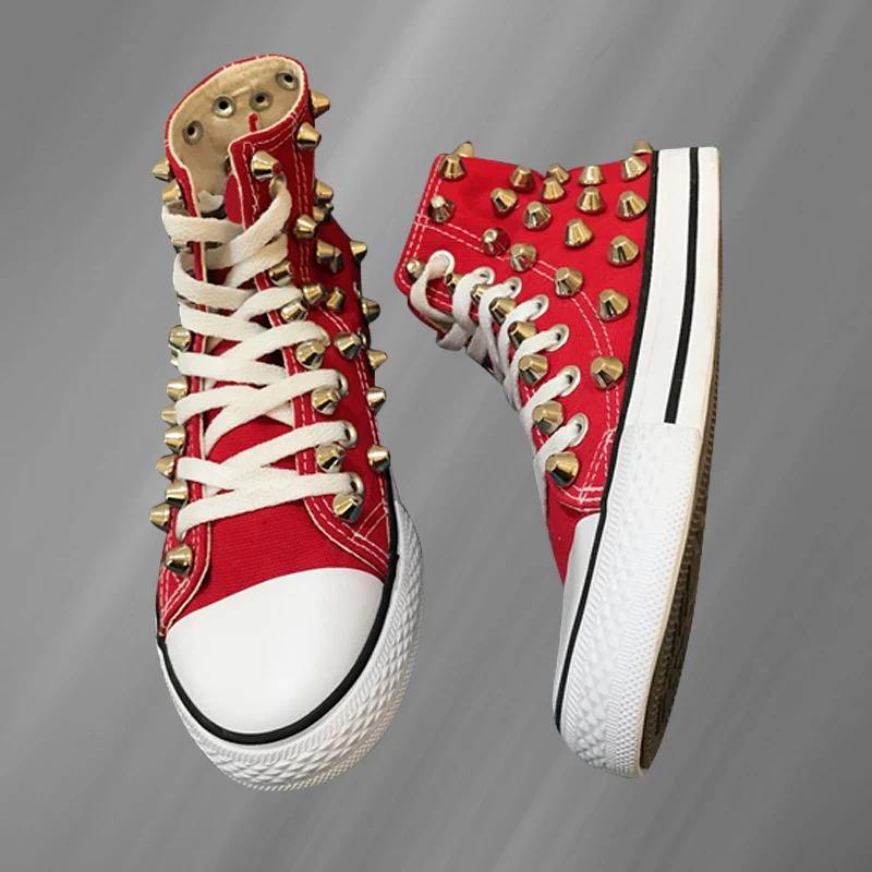 

Кеды с высоким верхом, удобные холщовые туфли с цилиндрическими заклепками, на плоской подошве, в стиле хип-хоп, ручная работа, с заклепками, ...