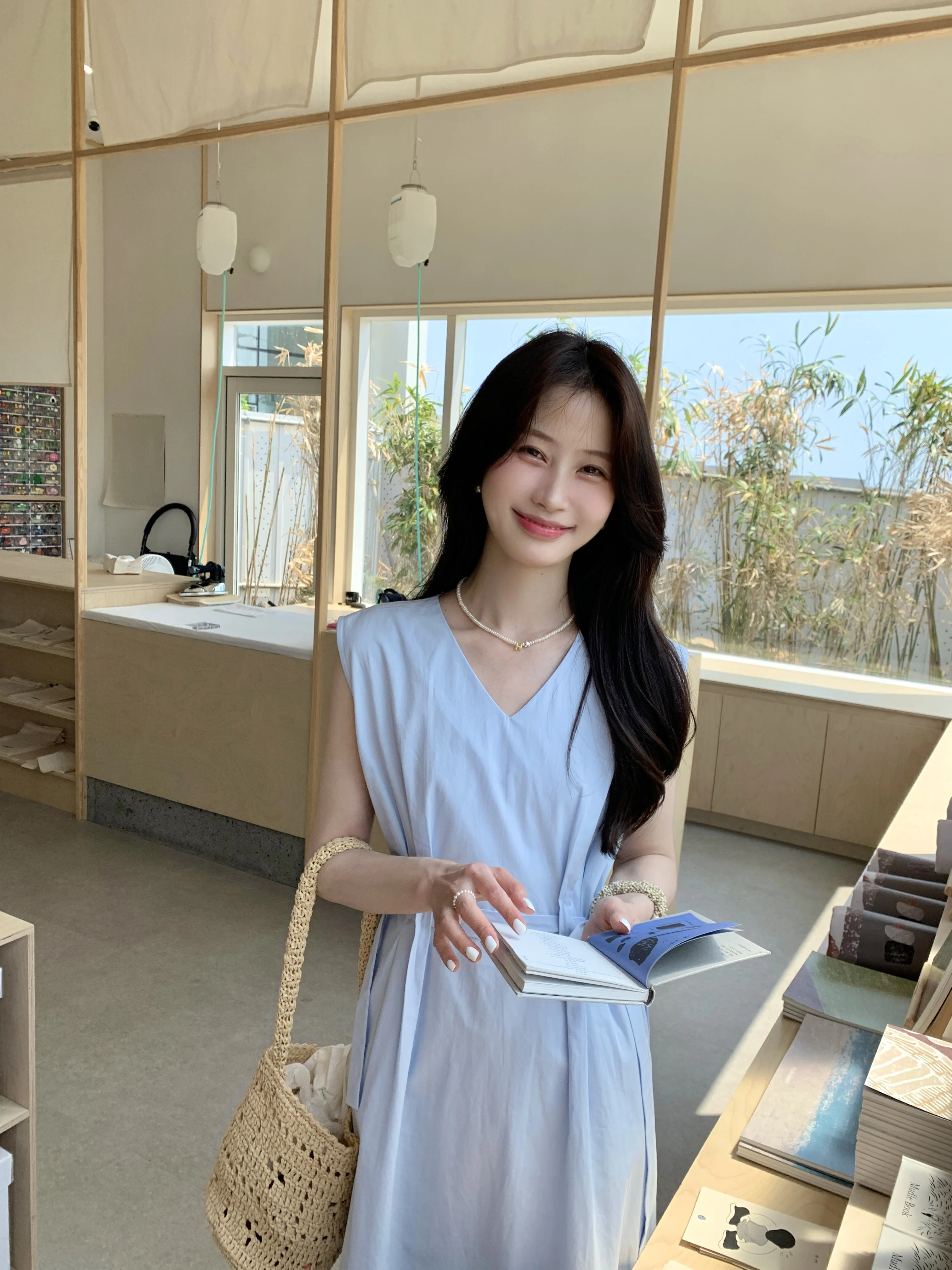 Jejuna Fried Chicken Ouni Blueberry Yogurt Pure Cotton Blue Waist Hugging Long Dress V-neck Temperament Vest