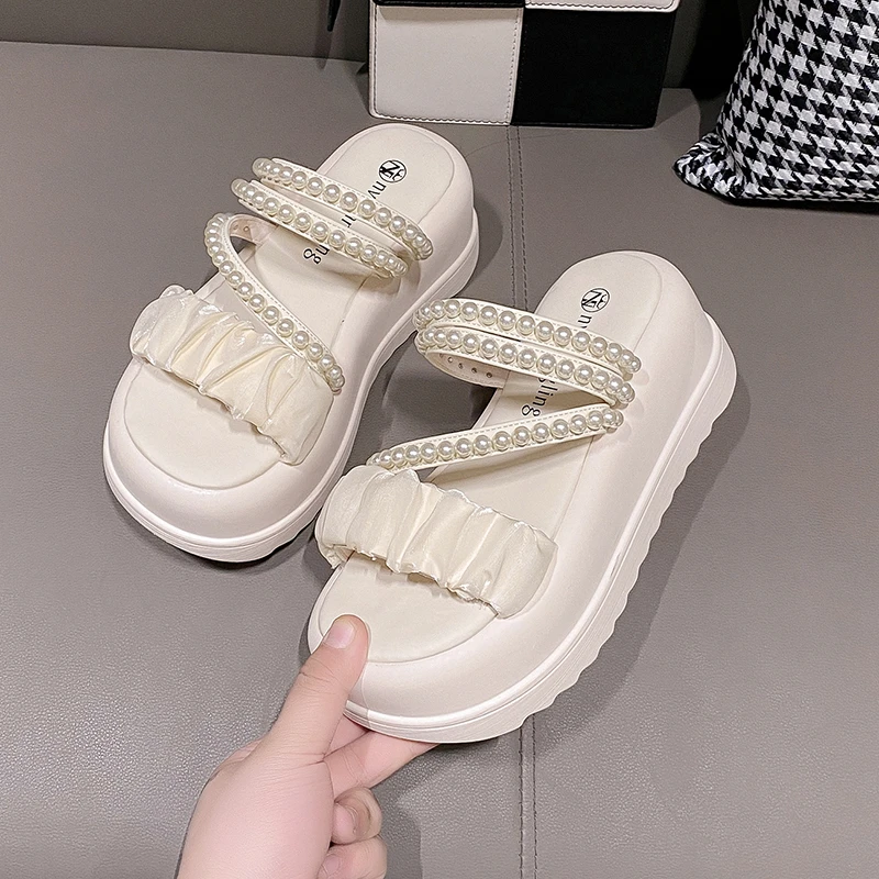Women Pearl Wedge Sandals Summer 2023 Chunky Platform Slippers for Woman Thick Bottom Beach Flip Flops Gladiator Sandalias Mujer