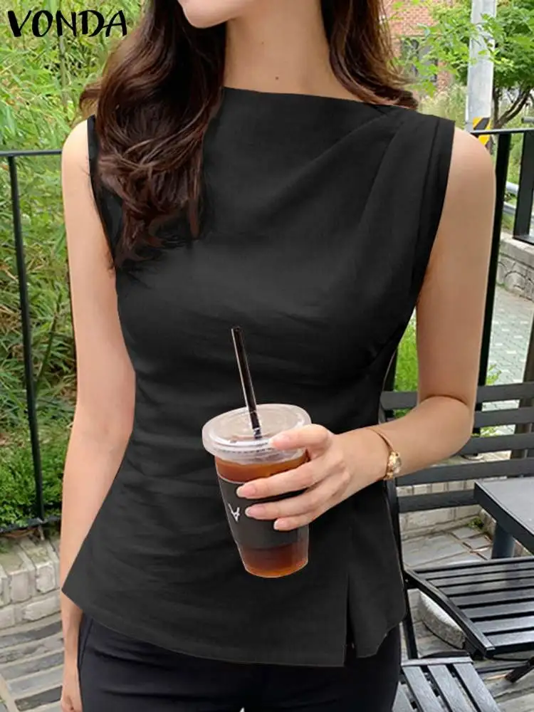

VONDA 2022 стильные женские летние модные блузки, женская рубашка, Женская Повседневная однотонная блузка без рукавов, жилеты, Майки большого ра...