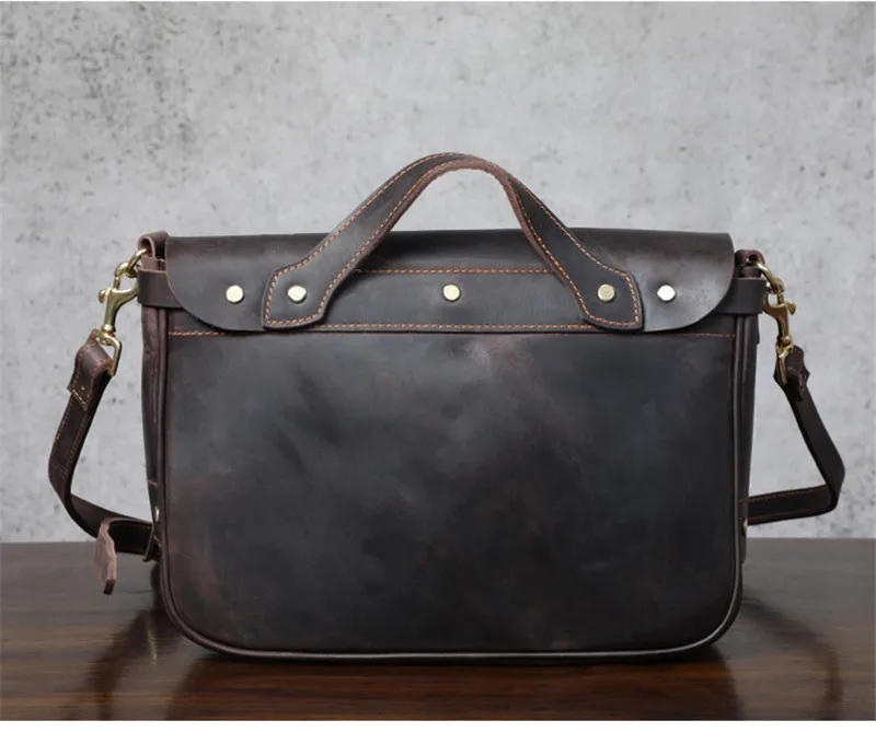 Vintage luxury crazy horse cowhide men's messenger bag handmade outdoor daily work natural genuine leather tablets shoulder bag