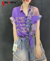 loose multicolor printing diamond letters purple shirt and blouse 2022 summer new womans short sleeve fashion versatile tops