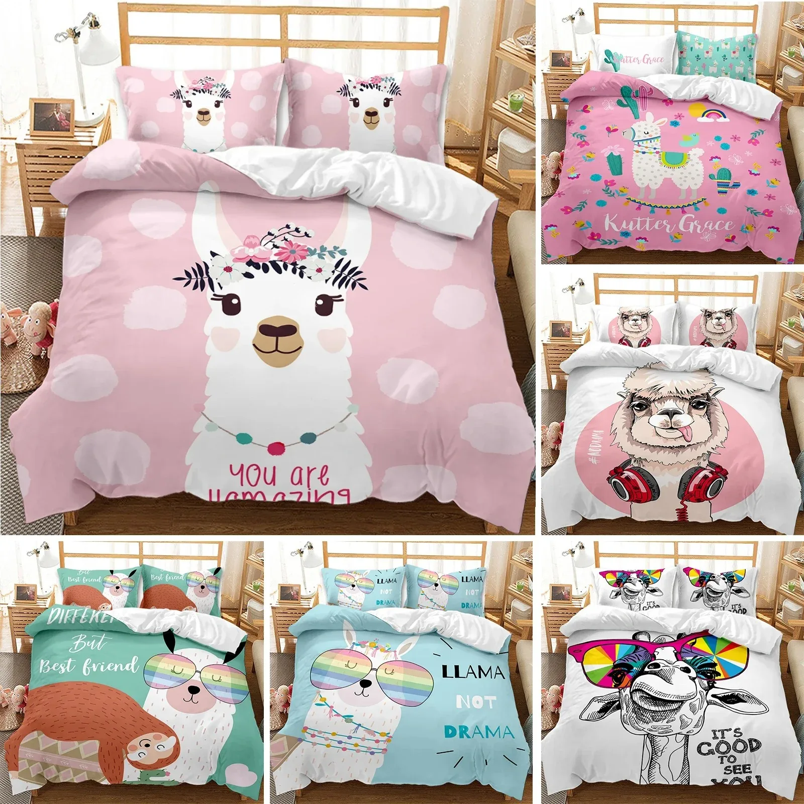 Набор постельного белья с пододеяльником и покрывалом в виде ламы королева Кинг
