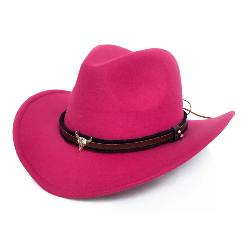 

Delicate Wide Brim Jazz Hat with Metal Bull Head Felt Hat Top Hat Western Cowboy Hat All-match for Masquerades Party DXAA
