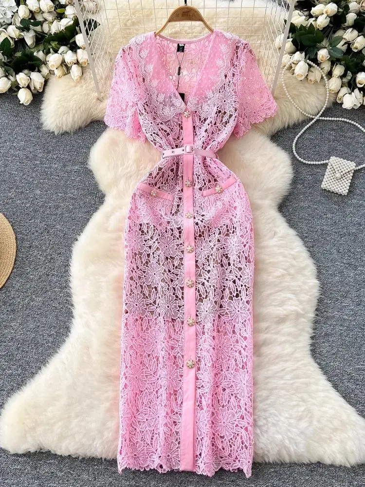 Женское кружевное платье с цветочной вышивкой однобортное ажурное