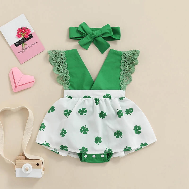 

Newborn Infant Baby Girls Summer Clothes Lace Ruffle Sleeve Romper Dress Clover Print Bodysuit Skirt St. Patrick 's Day Outfits