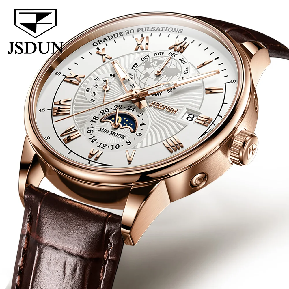 JSDUN Men's Mechanical Watch Luminous Leather Strap Waterproof Man Watch Top Brand Luxury Business Watch For Men Moonswatch 8909