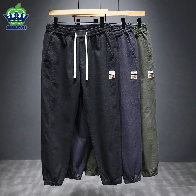 

2023 New Spring Summer Cotton Pants Men Elastic Waist Dstring Baggy Thick Korean Style Bound Feet Harem Cargo Trousers M-5XL