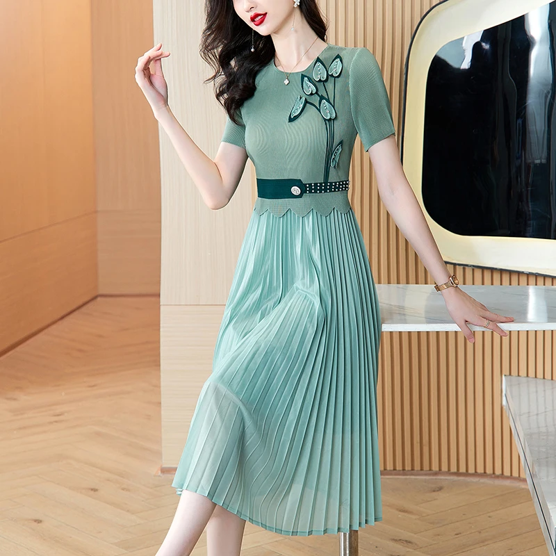 Платье миди женское Плиссированное с круглым вырезом коротким рукавом и