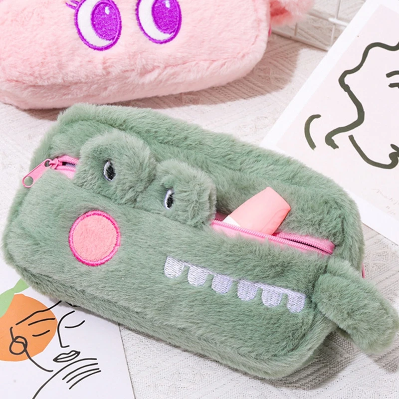 

Cartoon Animal Soft Fluffy Plush Pencil Bag Large Capacity Pencil Pen Case Makeup Storage Bag Stationery Gift Green Pink