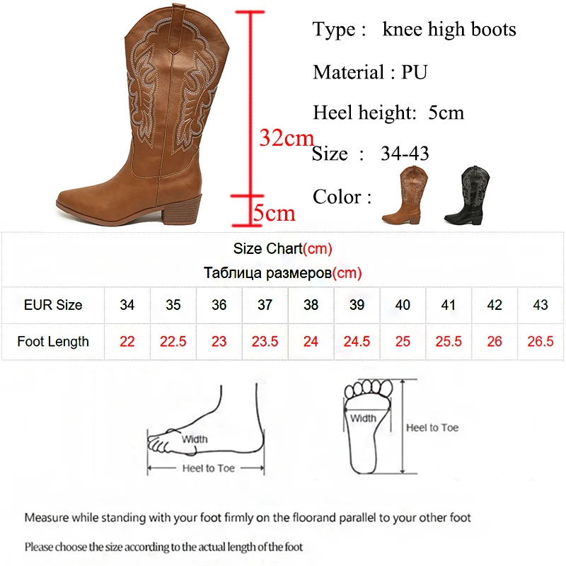 Женские сапоги в стиле вестерн с вышивкой ретро осенне-зимние до колена из