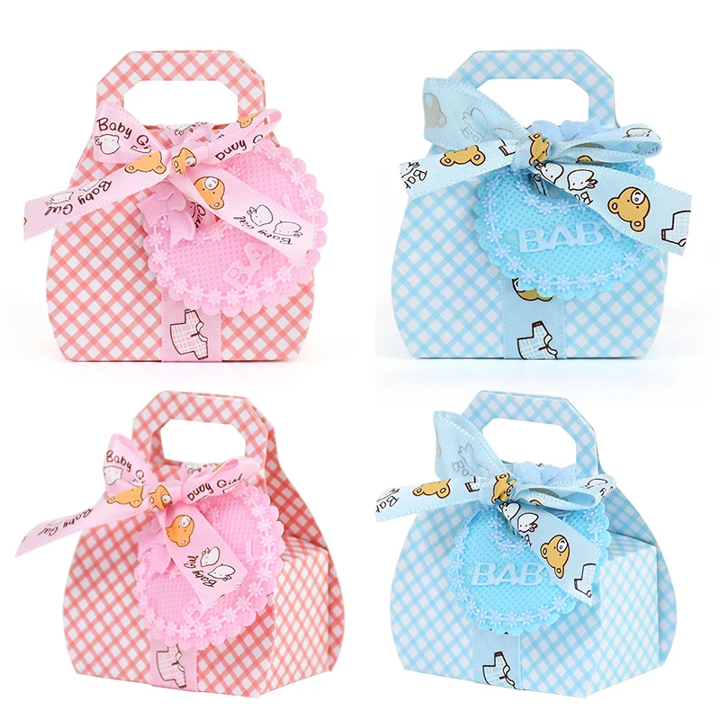 

10pcs Blue Pink Candy Box Cute Tote Gift Bag with Handle Paper Box for Baby Shower Kids Birthday Party Decoration Boy Girl Favor