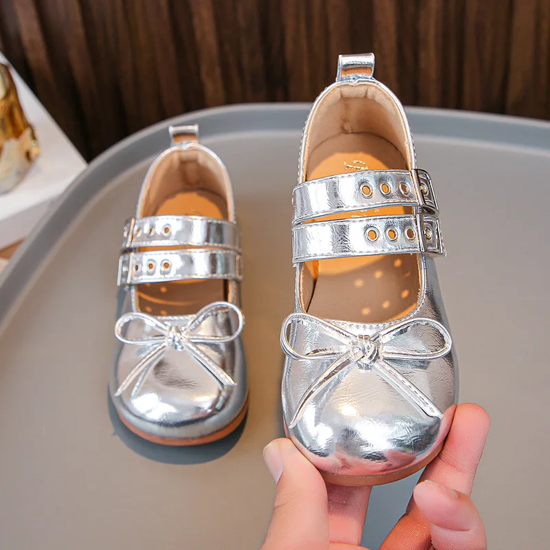 Туфли девичьи с круглым носком серебристые бантом туфли принцессы универсальные