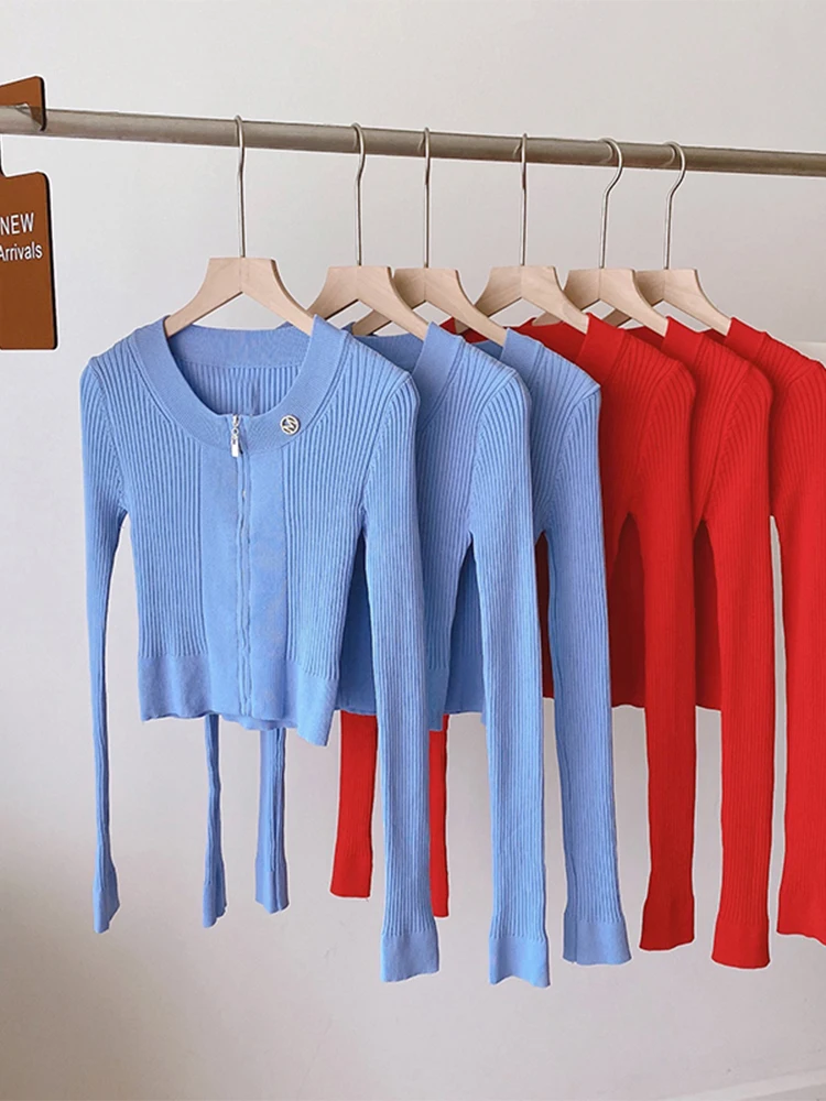 

Women Autumn Winter New O-neck Solid Color Slim Knitwear Long Sleeve Design Zipper Stretch Female Soft Knitted Cardigan Sweater
