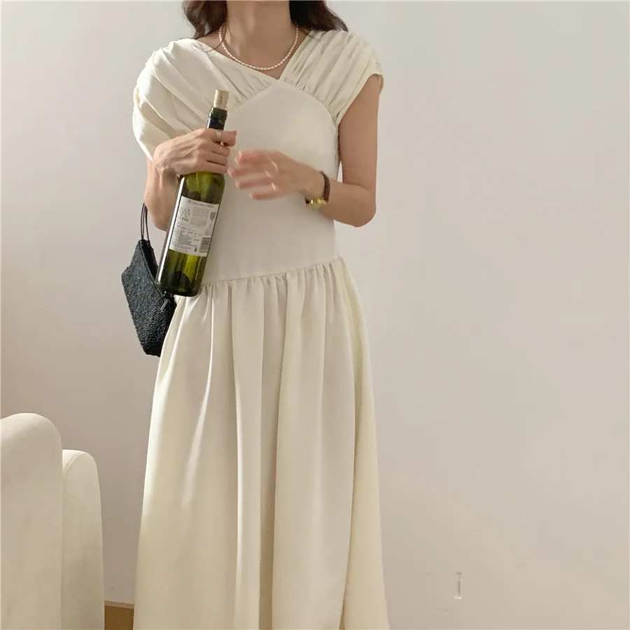 

COIGARSAM Women's Summer Dress French Style Pleated V-Neck Beige Black Dresses Dropshipping