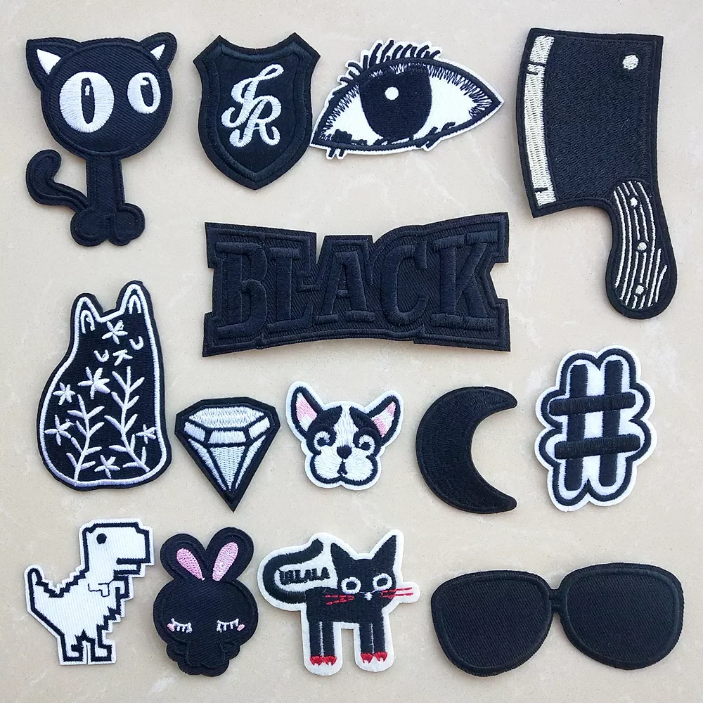 Embroidery Patches for Clothes Jacket Jeans Appliques Stickers Clothing Badges Iron on Patch Black White Animal Letter