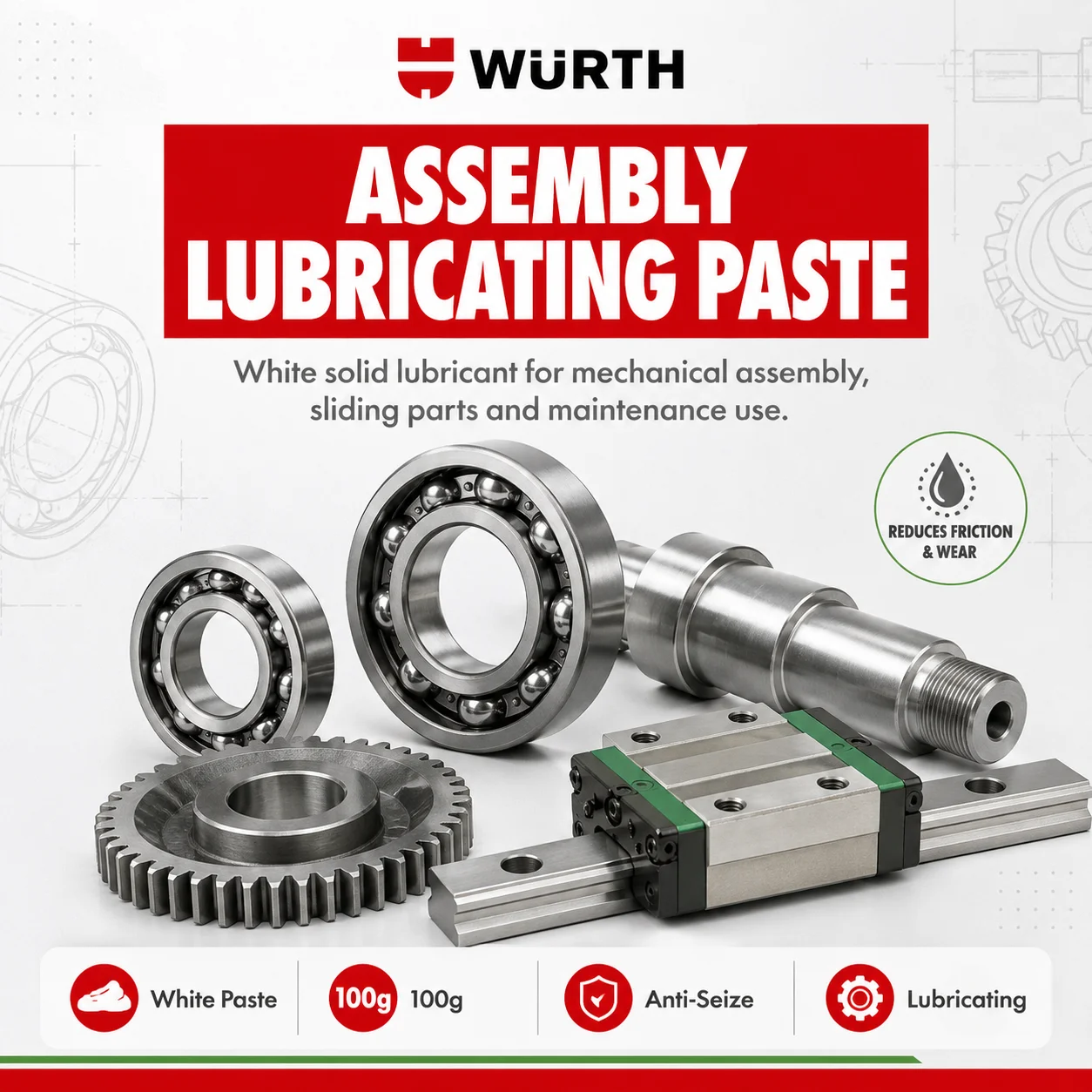Фото Смазка Wurth Assembly Paste White 100г, твердая, противозадирная, для подшипников, шестерен, направляющих №2