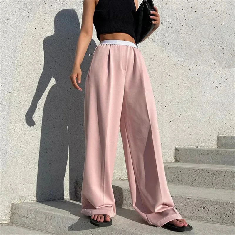 

2023 Spring Autumn Women Casual Loose Full Length Solid High Waist Simple All-match Wide Up Pants Fashion Office Lady Trousers