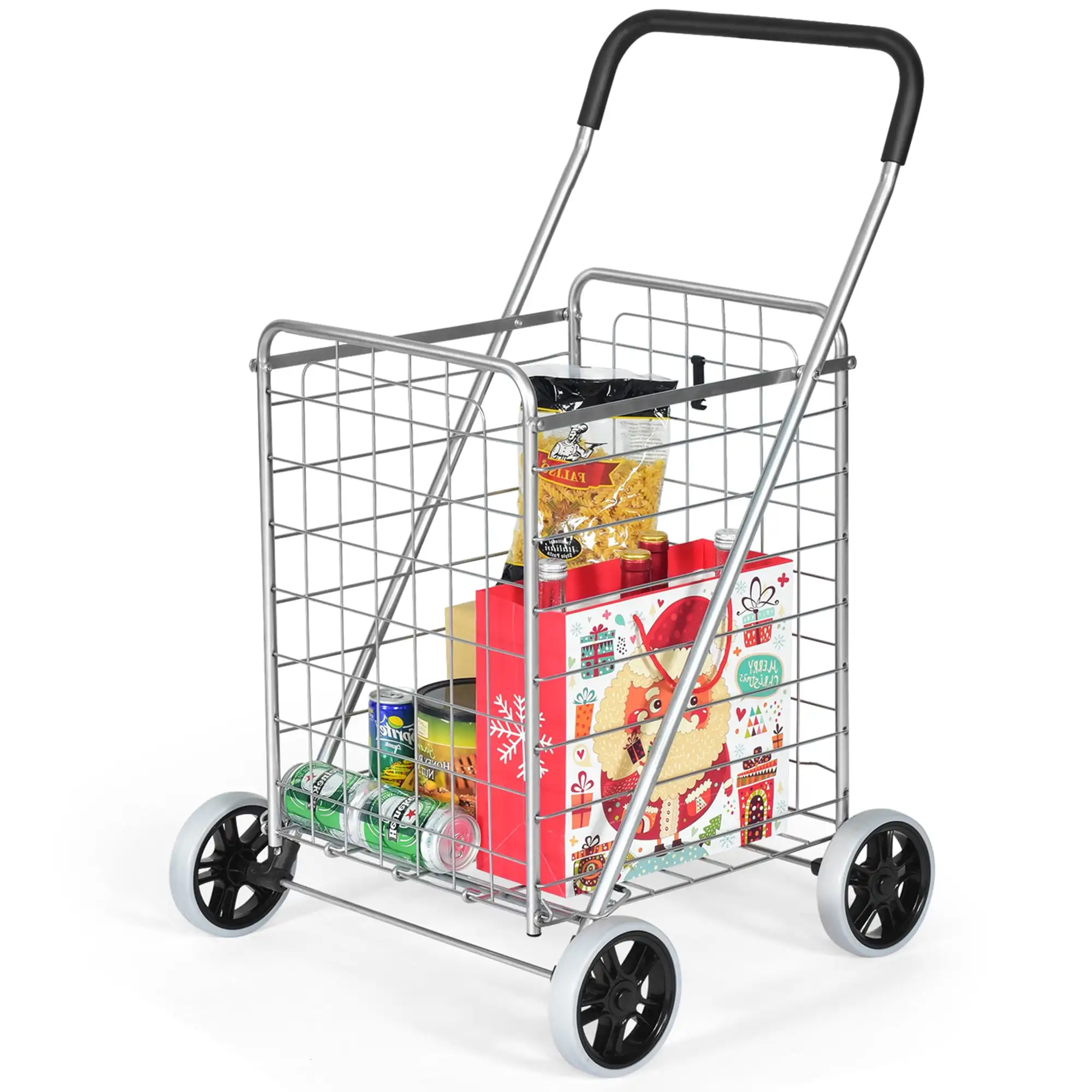 

Grocery Laundry Travel Folding Shopping Cart Utility Trolley Portable Silver