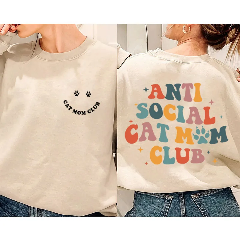 

Rheaclot CAT MOM CLUB Printing Women's Causal Cotton Long Sleeve SweatShirt
