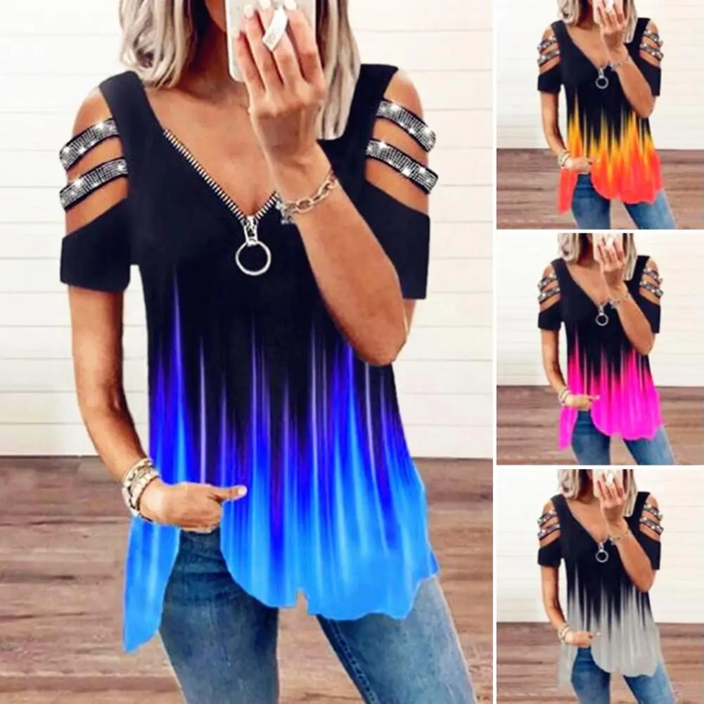 

Women Summer T-shirt Hollow Out Shoulder Lady Blouse Rhinestone Decor Short Sleeves Top Gradient Color V Neck Loose Hem Shirt