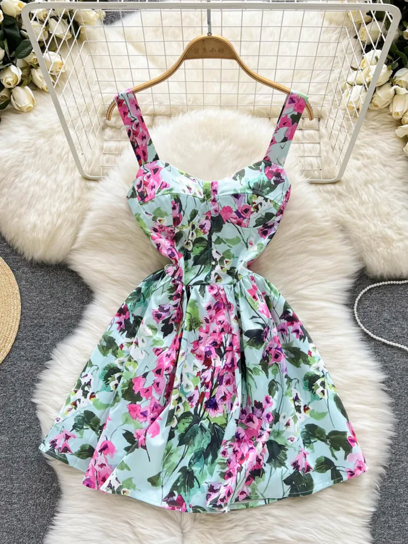 

Summer Women's Dress Fashion Runway Floral Dress 2022 Elegant Spaghetti Strap Sleeveless High Waist A-line Mini Dress Vestidos