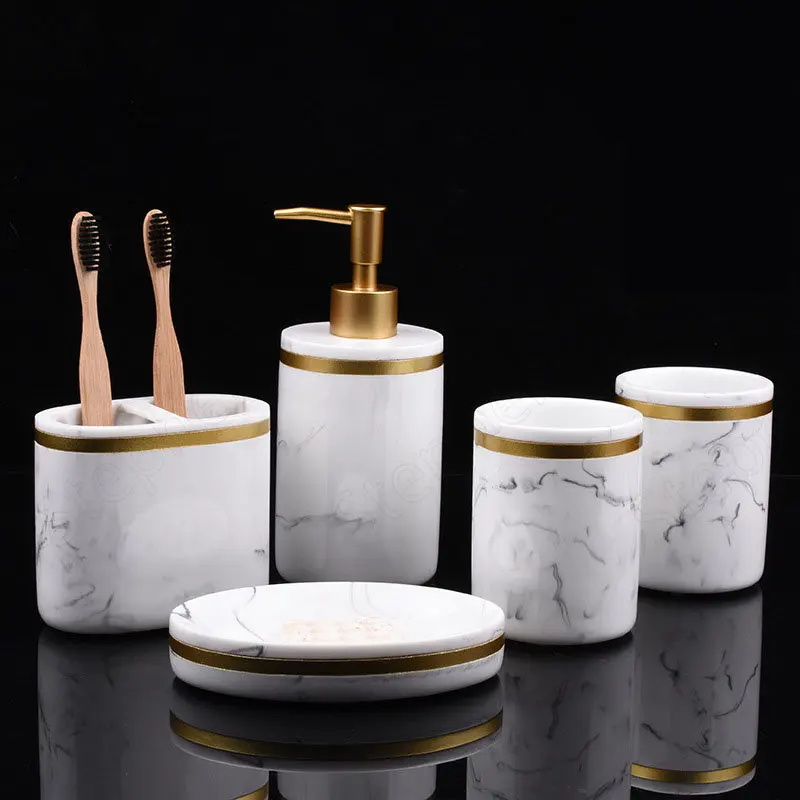 

Gold Border Resin Five Piece Set Bathroom Accessories Nordic Modern Marble Texture White Toothbrush Holder Lotion Bottle