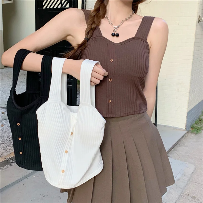 

Women Summer 2023 Elastic Tank Top Crop Camisole Sleeveless Top Spaghetti Vest Knitted Camis Female Vest Tops White Black Coffee