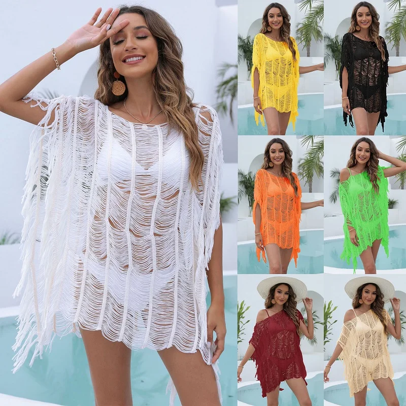 

2022 New Crochet Bikini Cover-ups Sexy Hollow Out Summer Beach Wear Mini Dress Women Swimsuit Cover up