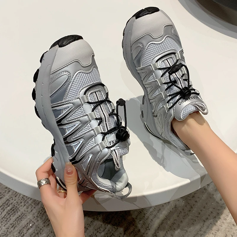 Sports Casual Shoes Women 2023 New Breathable Thick Soled Outdoor Hiking Jogging Lace-up Match Color Women Shoes Leather