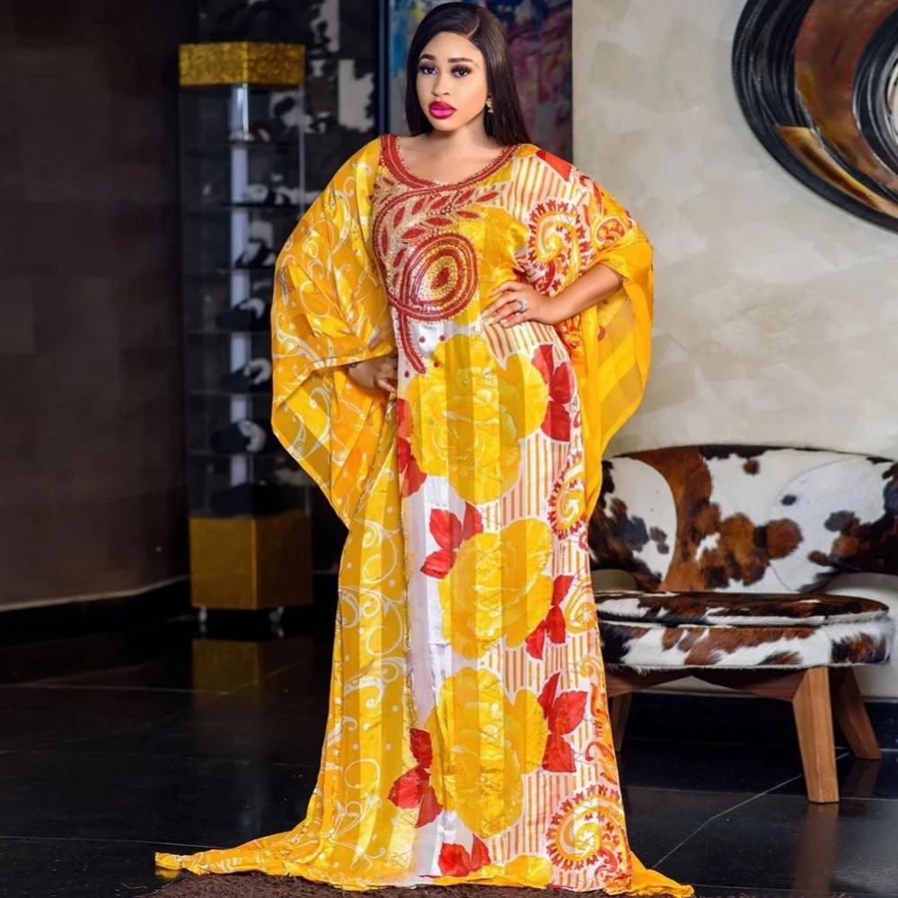 

2 Piece Set Dashiki African Dresses For Women New Evening Dress Boubou Dubai Abaya Kaftan Dresses Elegant Ladies Beads Long Robe