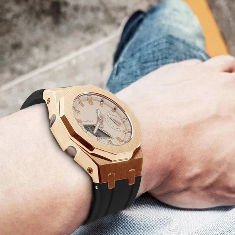 GMA-S2100 Mod Kit For Casioak GMAS2100 Metal Steel Case Bezel With Tools Female Fluoro Rubber Strap For GMA-S2100 Accessories