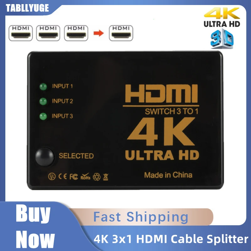 

TABLLYUGE 4K 2K 3x1 HDMI Cable Splitter HD 1080P Video Switcher Adapter 3 Input 1 Output Port HDMI Hub for Xbox PS4 DVD HDTV PC