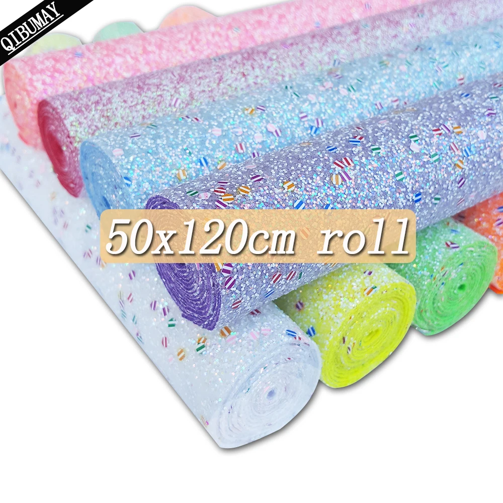 

QIBU 50x120cm Rainbow Chunky Glitter Fabric Roll Big Size Faux Leather Material Crafts Bag Shoe Making DIY Hairbow Accessories