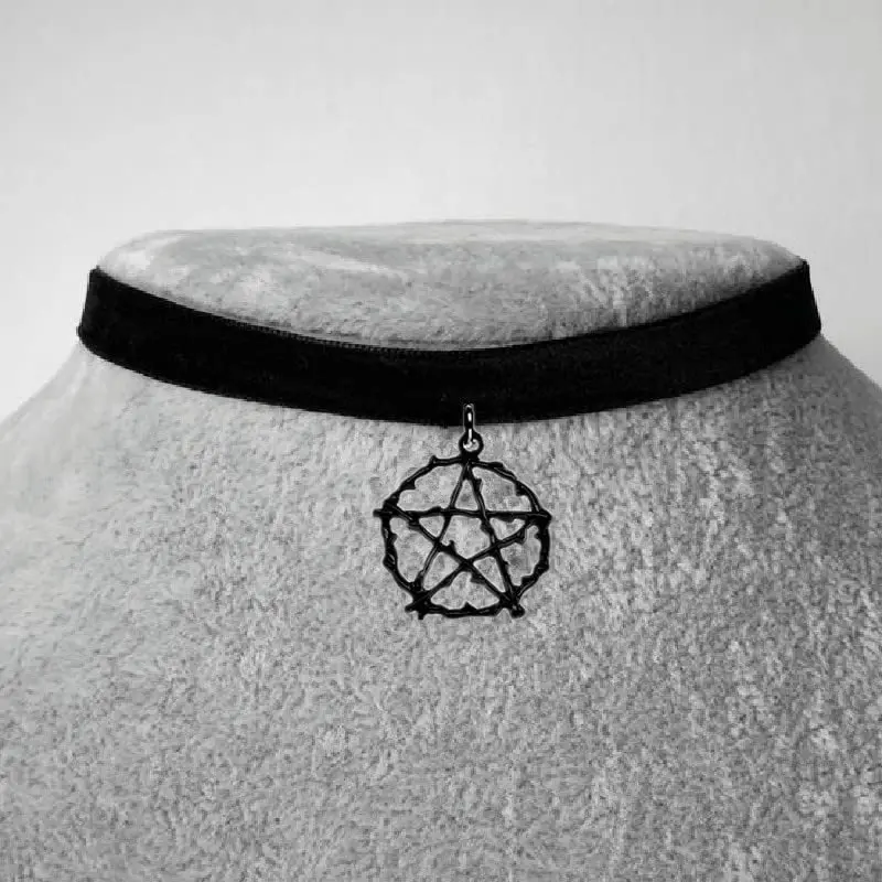 

Black branches star choker collar necklace Goth Pentagram stars witch Pentacle moon pendant velvet choker black