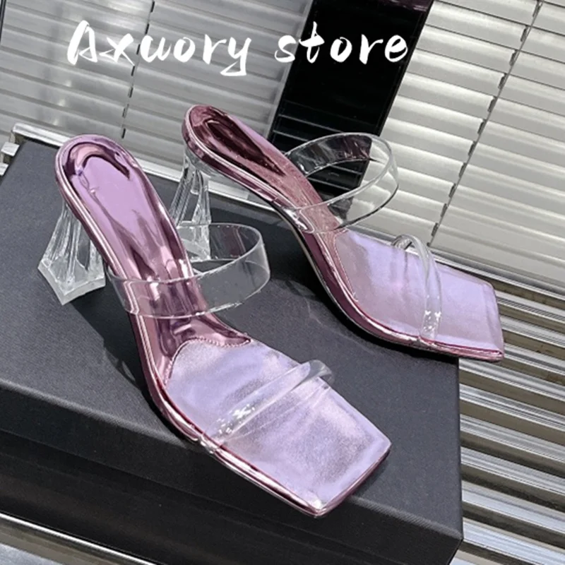 

2023 Summer New Women's Sandals Slippers Fashion Square Toe Women Shoes Sexy High Heels Concise Genuine Leather