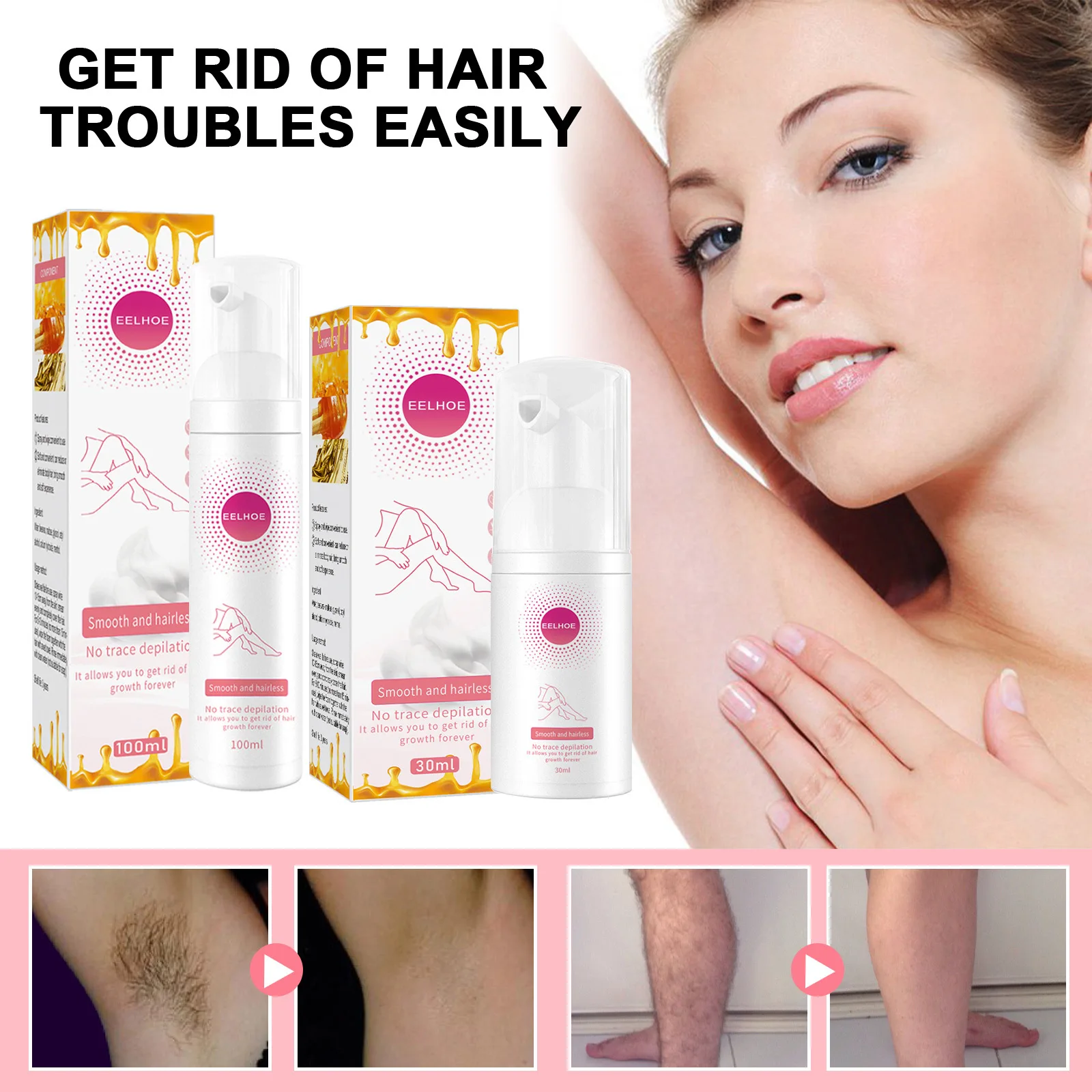 Honey mousse hair removal spray, hair removal, armpit hair removal, leg hair moisturizing, foam, mild and smooth