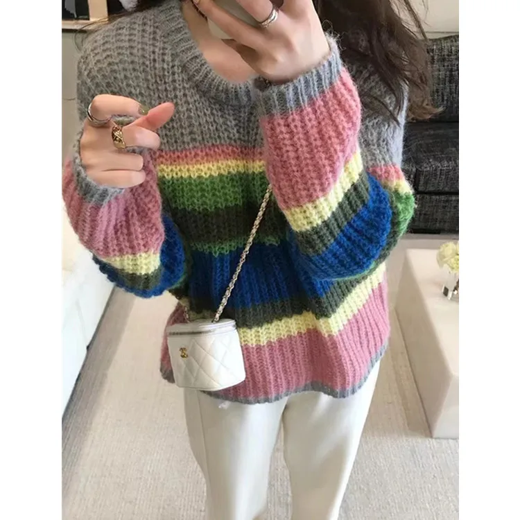 

Женский джемпер в радужную полоску, свободный трикотажный пуловер в Корейском стиле, осень 2022