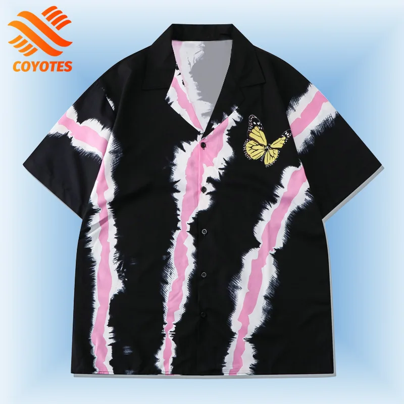 

COYOTES Tie Dye Butterfly Print Hawaiian Men‘s Shirts Women Short Sleeve Lapel Blouses Summer Casual Beach Shirt Men's Clothing