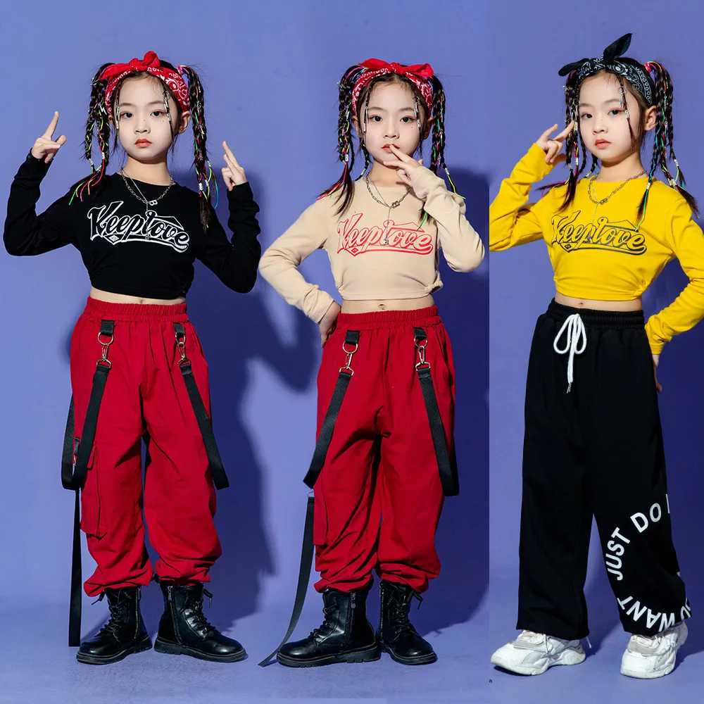 

Детская укороченная футболка в стиле хип-хоп для 8 10 12 14 16Y, топы, брюки-карго для девочек, танцевальные бандажные спортивные костюмы в американском стиле для бальной комнаты