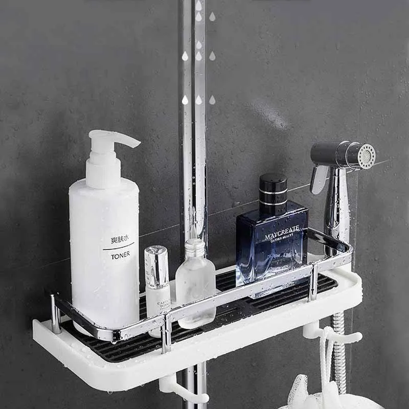 

Shower Storage Rack Holder Bathroom Floating Shelf Pole Shelves Shampoo Tray Stand No Drilling Lifting Rod Head Holder Organizer