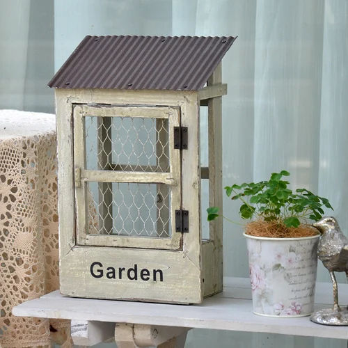 

Wooden Cottage Style Wall Planter Tin Roof Wire Door