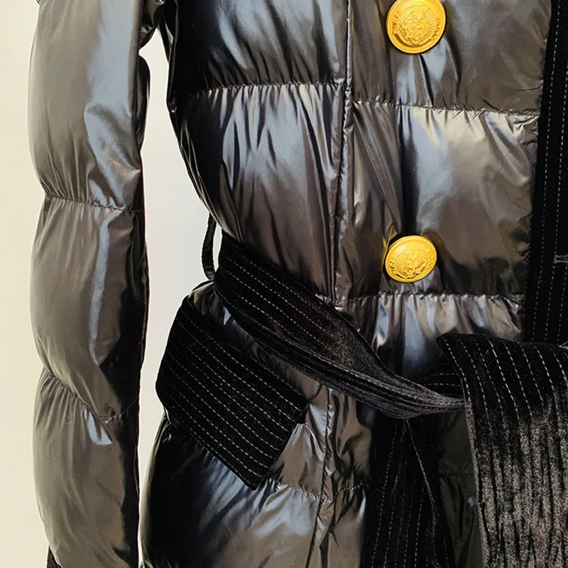 winter white duck down jacket women coat long glossy velvet tie belt parkas gold lion buttons elegant female fashion lady design