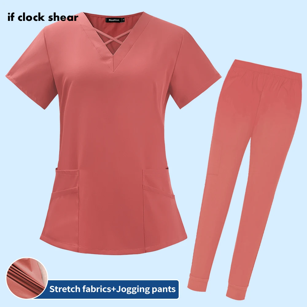 

Men Women Nursing Uniform Suit Short Sleeved Scrub Tops Jogger Pants with Pockets Unisex Work Wear Wholesale Spa Uniforms Women