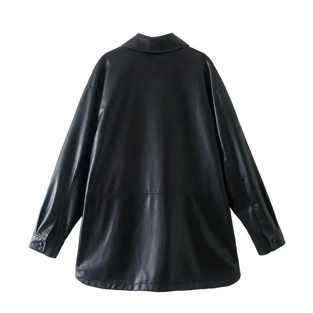 Autumn Women's PU Imitation Leather Shirt Coat Leather Coat  Faux Leather Single Breasted Blouse for Lady Formal Top